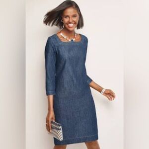 Talbots Squared Neck Blue Sheath Dress with Cuffed 3/4 Sleeves Size 8P
